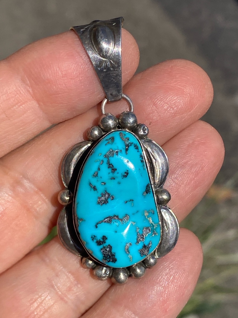 Signed M Spencer Navajo Sterling Silver Turquoise Pendant Vintage UNISEX - Picture 1 of 8
